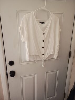 White Button-Front Tie Hem V-Neck Top
